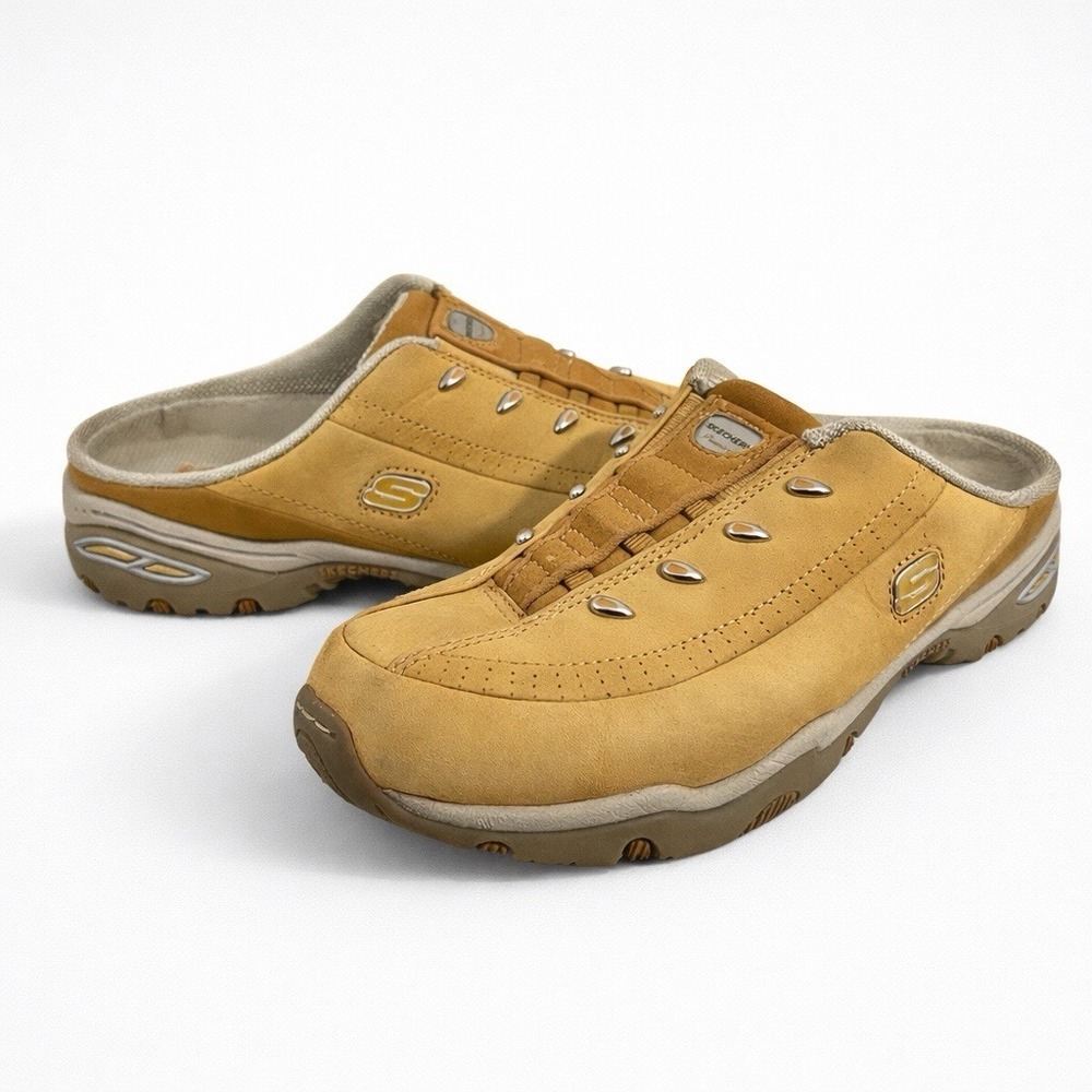 Vtg Y2K Skechers Sports Premiere Mules Women 9.5 Tan Suede Slip On Clogs Comfort